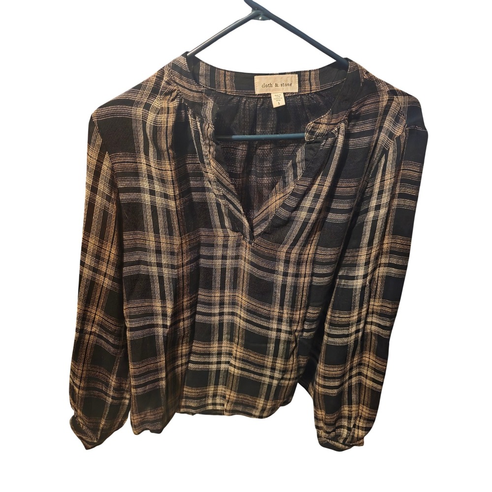 Cloth & Stone Plaid Popover Blouse Long Sleeve V Neck Soft Black Tan Small Fall